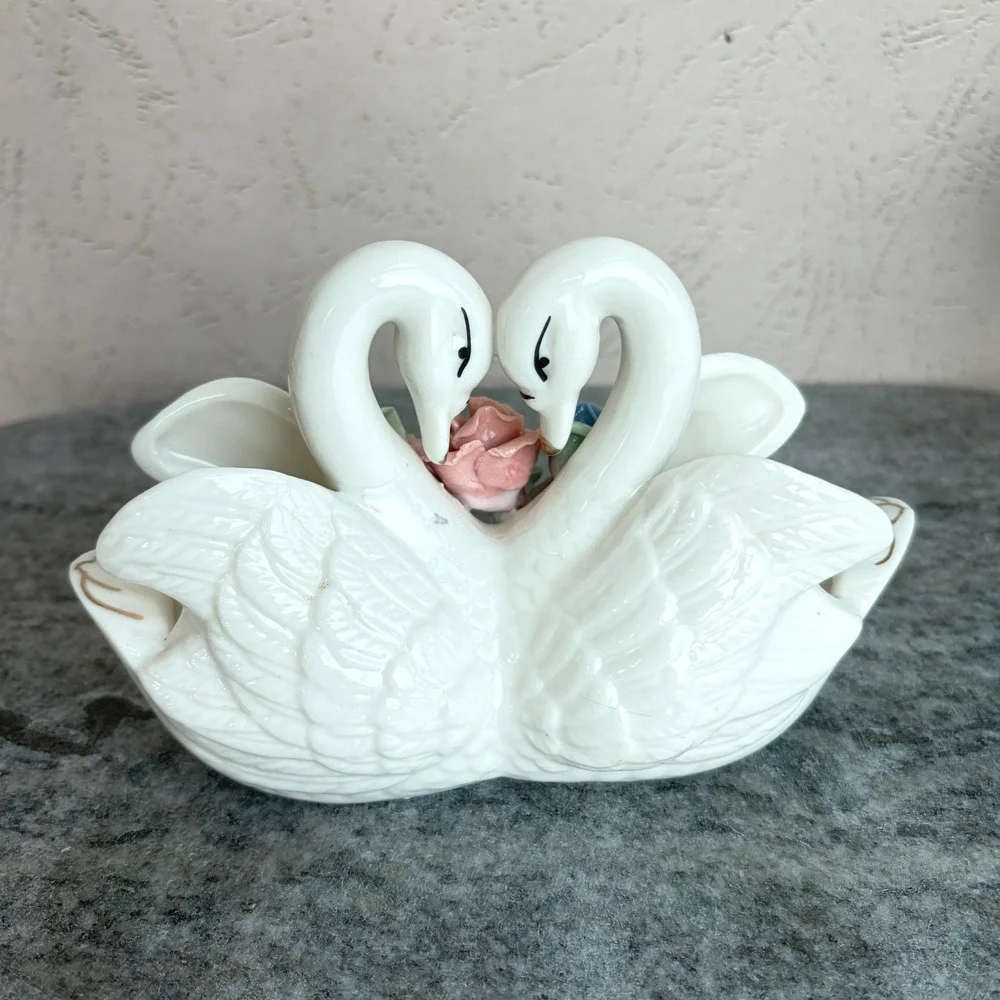 Vintage White Porcelain Double Swan Planter Gold Gilt Ceramic Roses Trinket Dish